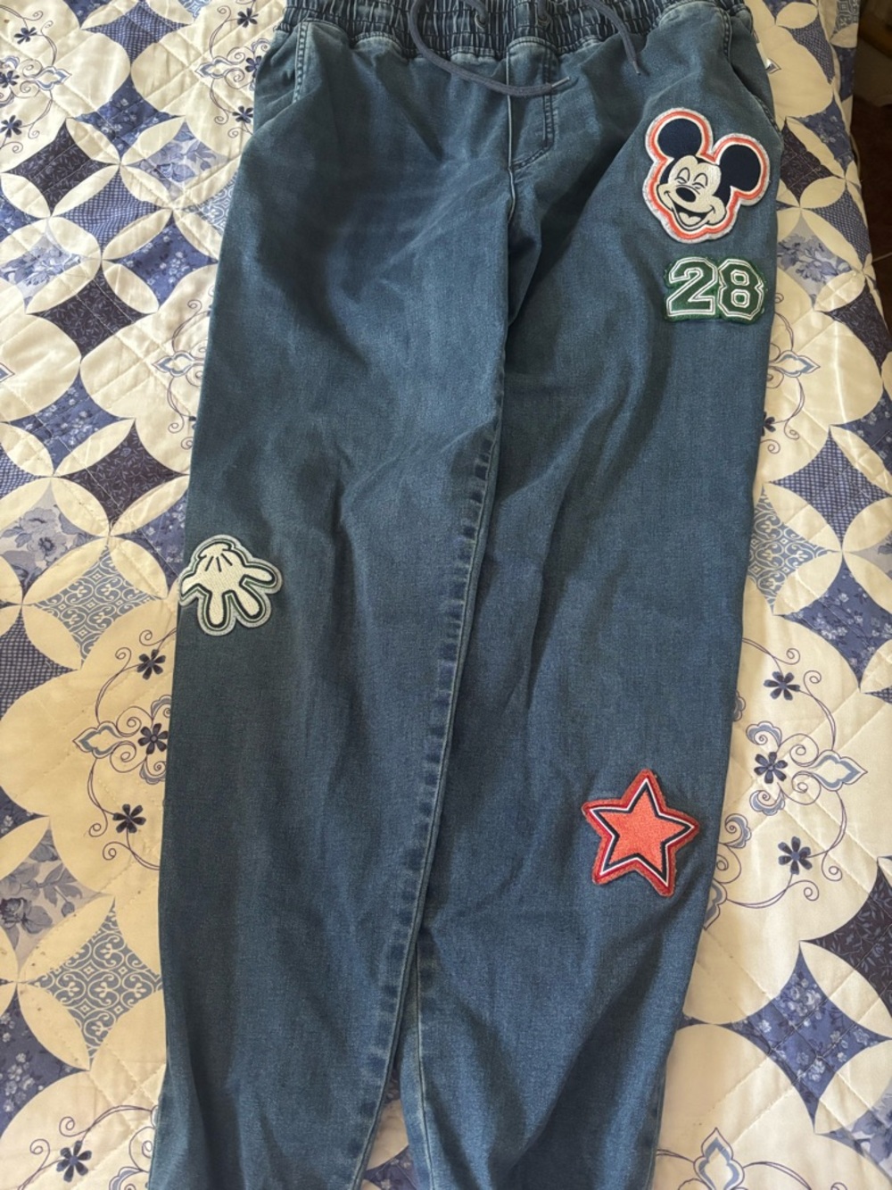 Disney Blue Denim Jogger Pants with Red & Green Patches
